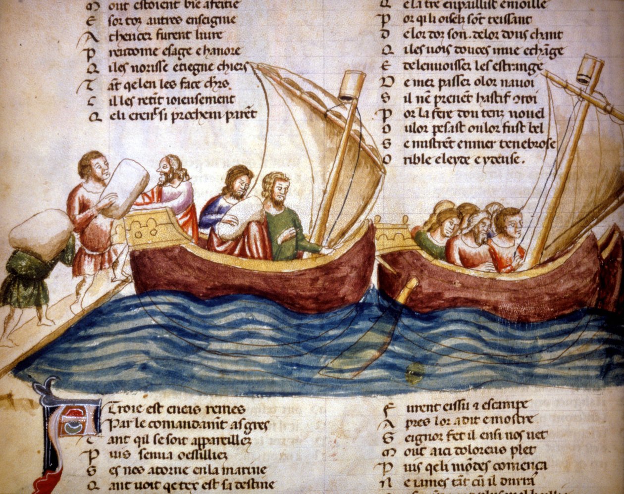 Załadunek ładunku na pokład, koniec XIII wieku. Miniatura „Roman de Troy” autorstwa Benoit de Saint Maure. XIV-wieczna Biblioteca Marciana, Wenecja autorstwa Unknown artist
