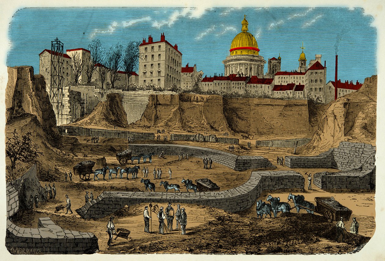 Lokalizacja cyrku Gallo Romain z II wieku p.n.e., odkrytego w 1870 r. podczas drążenia rue Monge w Paryżu, rycina XIX w. autorstwa Unknown artist