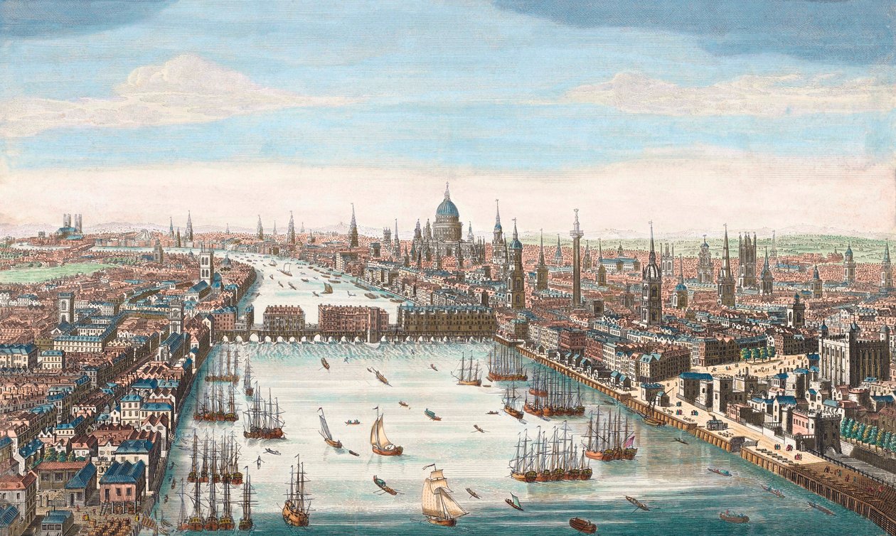 Londyn w XVIII wieku, widok w górę Tamizy do London Bridge i katedry św. Pawła autorstwa Unknown artist