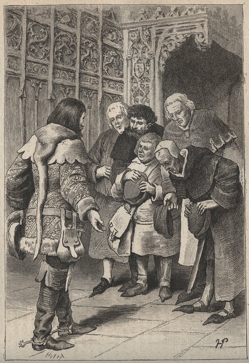 Lord Patrice Charteris and the Bourgeois of Perth - XIX-wieczna ilustracja do powieści historycznej „Ładna dziewczyna z Perth lub Walentynki (Walentynki lub Fair Maid of Perth) Waltera Scotta (1771-1832) autorstwa Unknown artist