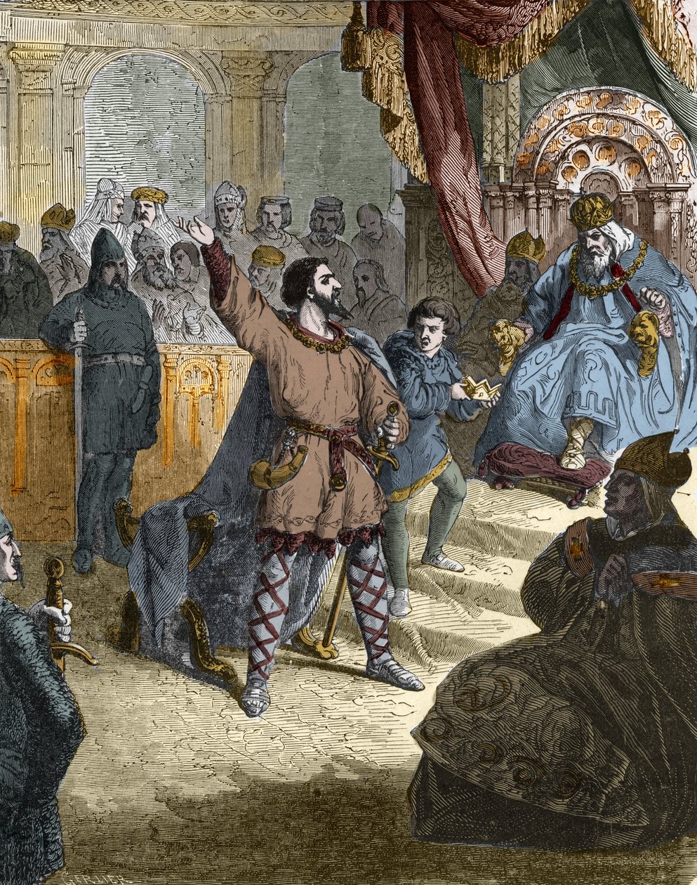 Ludwik IV Outremer (zamorskie) (921 - 954), król Francji na soborze (synod) w Ingelheim w Niemczech w 948 przed Ottonem I ze Świętego Cesarstwa (912-973). Grawerowanie w „” Histoire De France En Cent Obrazy Paula Lehugeura „” 1891. autorstwa Unknown artist