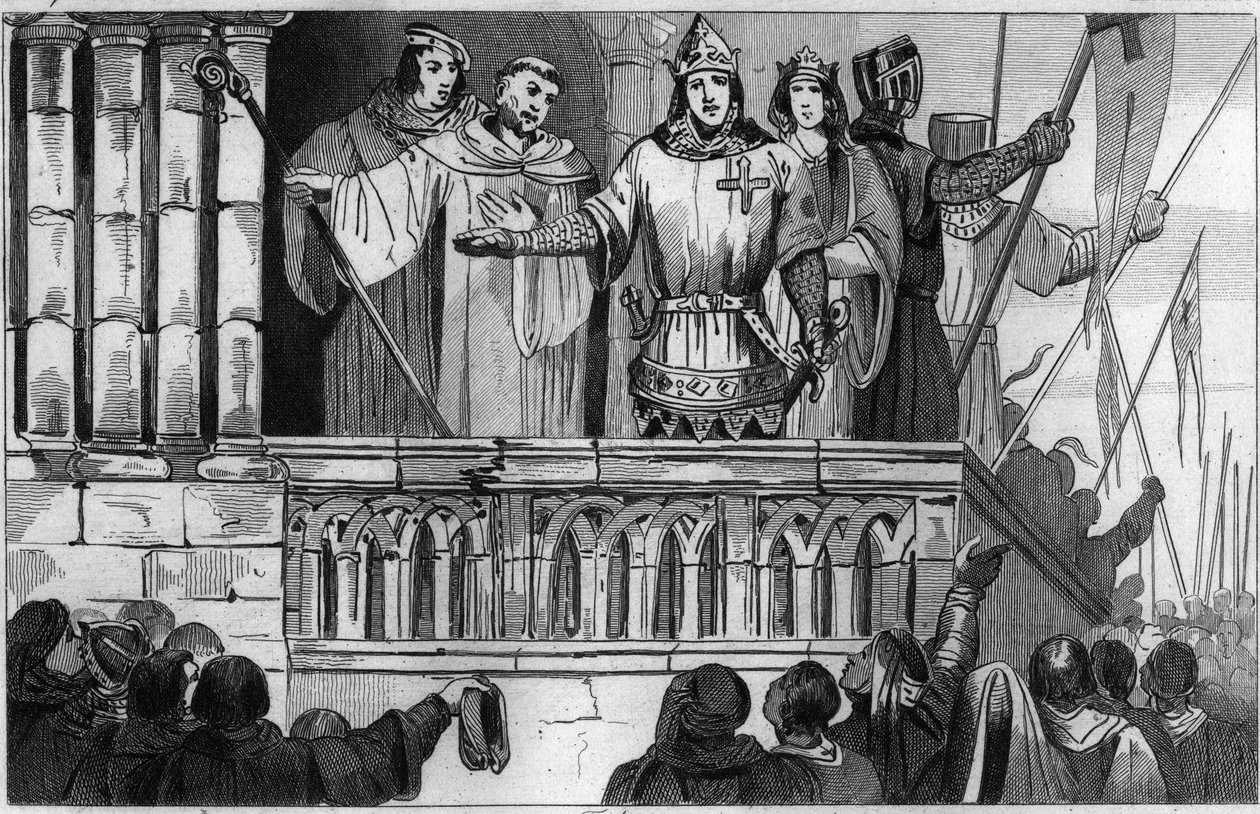 Ludwik VII (1120-80) Młody podnosi poparcie dla II krucjaty w 1144 - Ludwik VII podejmuje II krucjatę za radą św. Bernarda de Clairvaux (San Bernardo di Chiaravalle) - Rycina 1825 w „Histoire de France reprezentowana przez synoptyków autorstwa Unknown artist