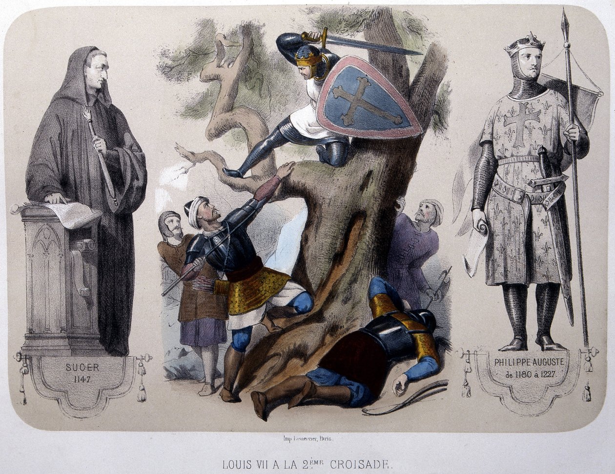 Ludwik VII walczy z Saracenami podczas II krucjaty - litografia, koniec XIX w. autorstwa Unknown artist