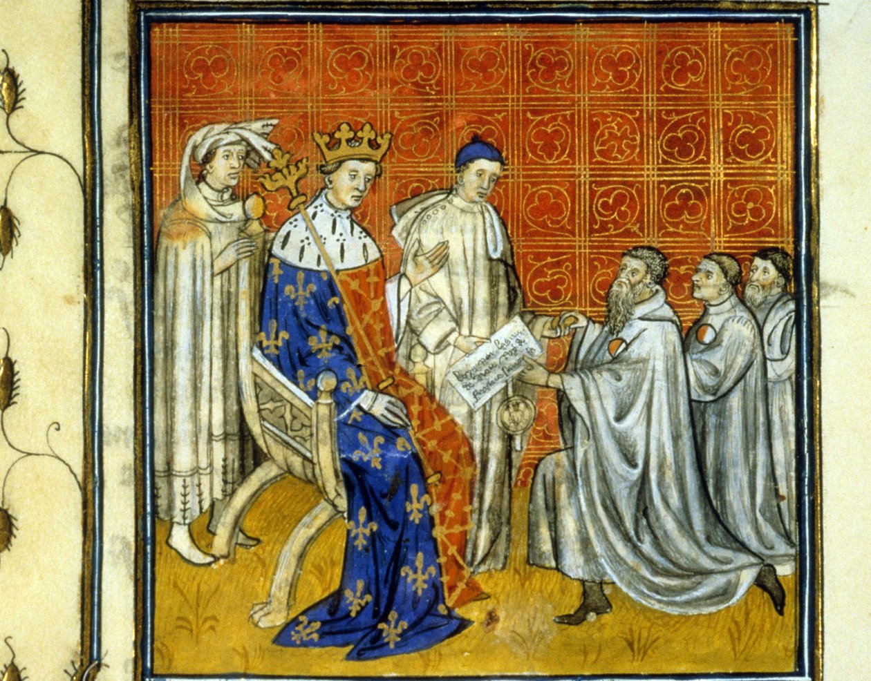 Ludwik X (1289 - 1316) nadaje Żydom przywilej królestwa - Odkupienie przez Żydów w 1315 r. ich prawa powrotu do królestwa Francji po wygnaniu w 1308 r. przez Filipa Bela. Można je rozpoznać po biało-czerwonym kole. Illumina autorstwa Unknown artist
