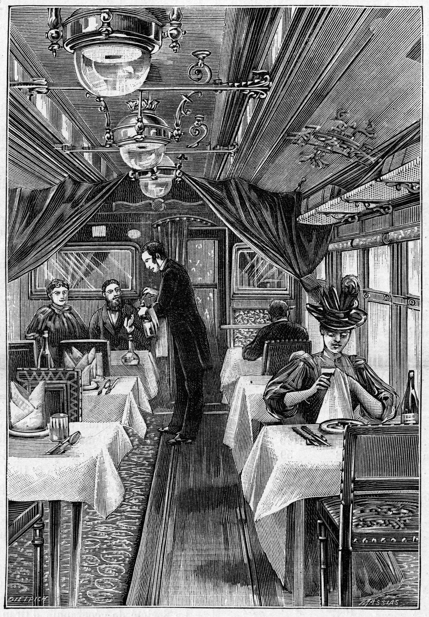 Luksusowe pociągi w Europie: widok wnętrza wagonu restauracyjnego. Grawerowanie w „”Natura: przegląd nauk i ich zastosowania w sztuce i przemyśle”” z 1 maja autorstwa Unknown artist