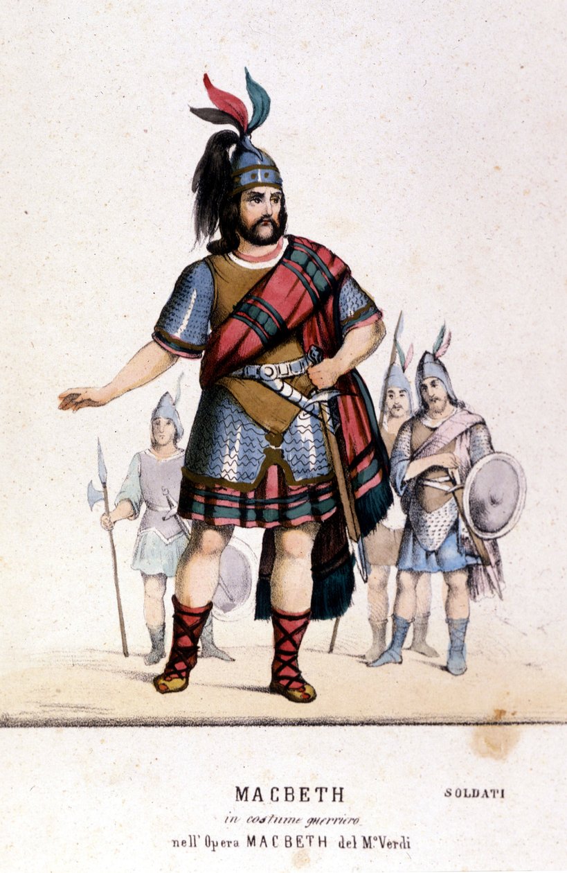 Postać Makbeta w stroju wojownika w operze o tym samym tytule Giuseppe Verdiego (1813 - 1901) na podstawie twórczości Williama Szekspira. 1847. Grawerowanie. autorstwa Unknown artist
