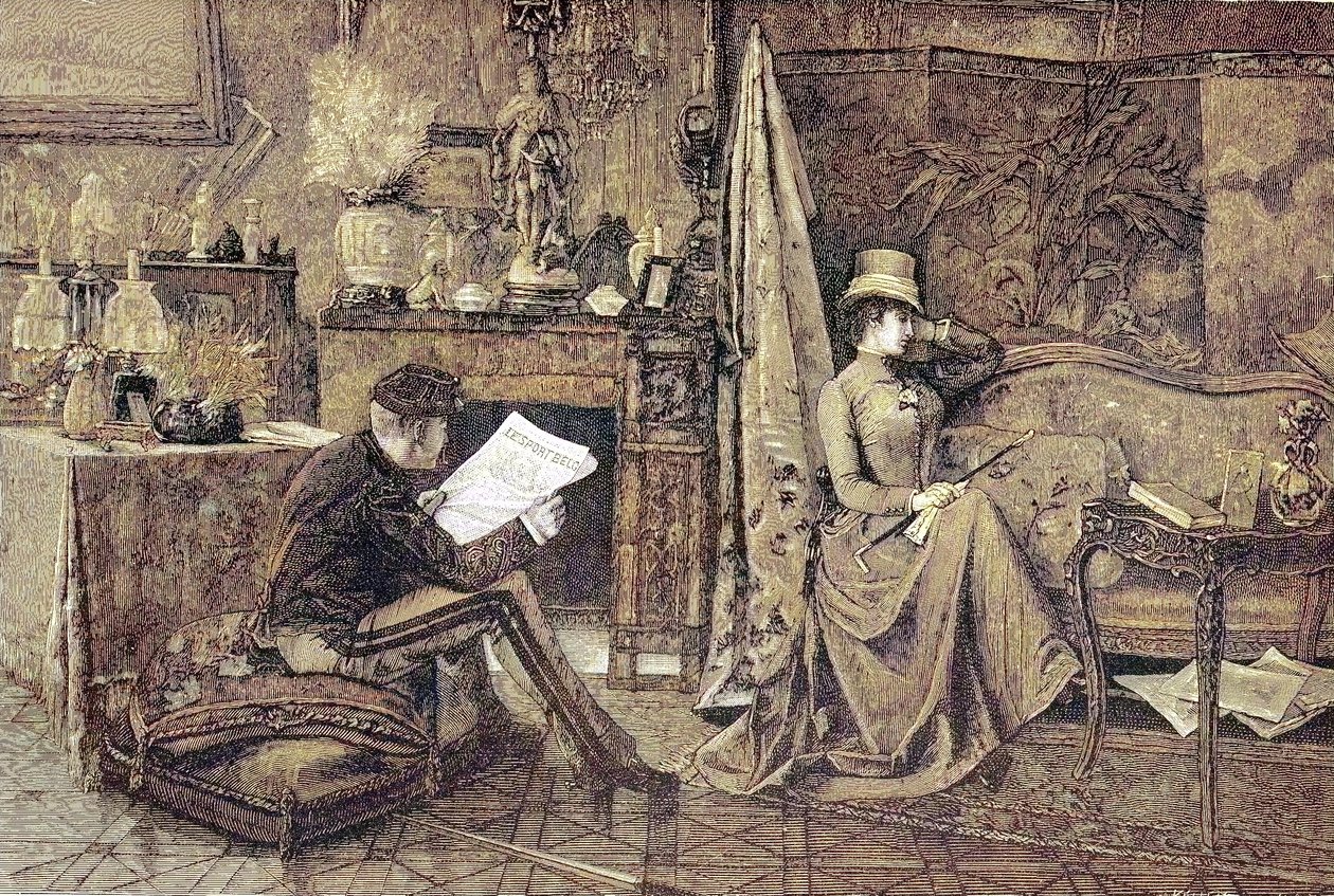 Madame Sulking, para, on czyta gazetę, a ona siedzi na sofie i jest obrażona autorstwa Unknown artist