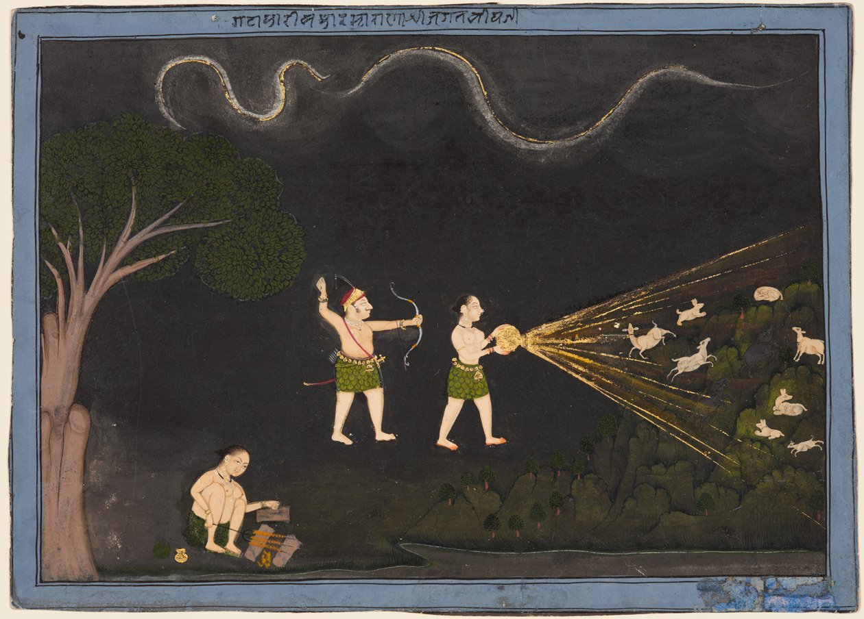 Maharana Jagat Singh II z Mewar (r. 1734-51) przebrany za bhil, polowanie na jelenie w nocy autorstwa Unknown artist