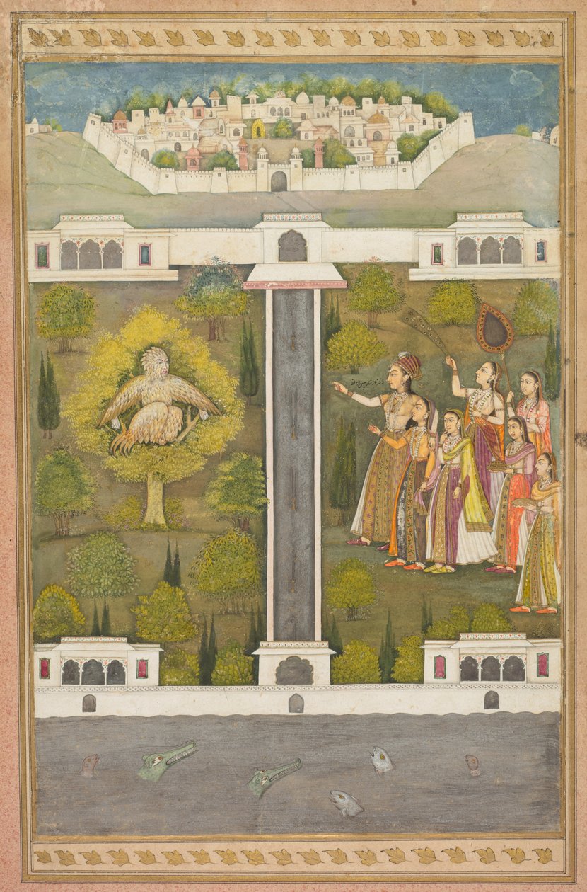 Mahliqa, córka cesarza Chin, wskazując na Bird-Man Khwaja Mubarak: Liść z poetyckiego romansu dotyczącego Szacha Alama I (odbyt.) autorstwa Unknown artist