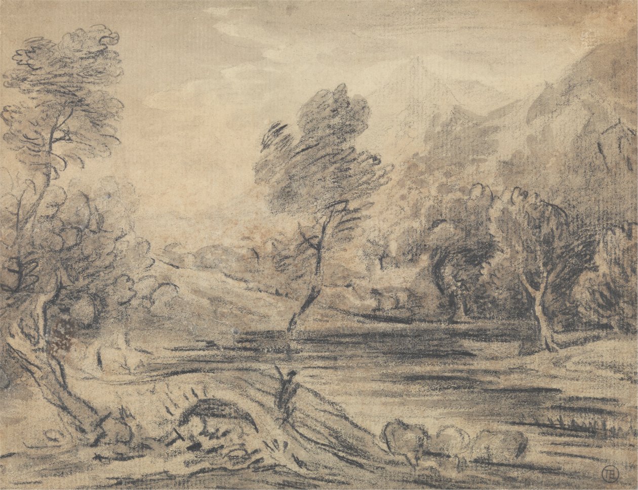 Człowiek przechodzący przez garbaty most nad rzeką z podlewaniem bydła autorstwa Unknown artist