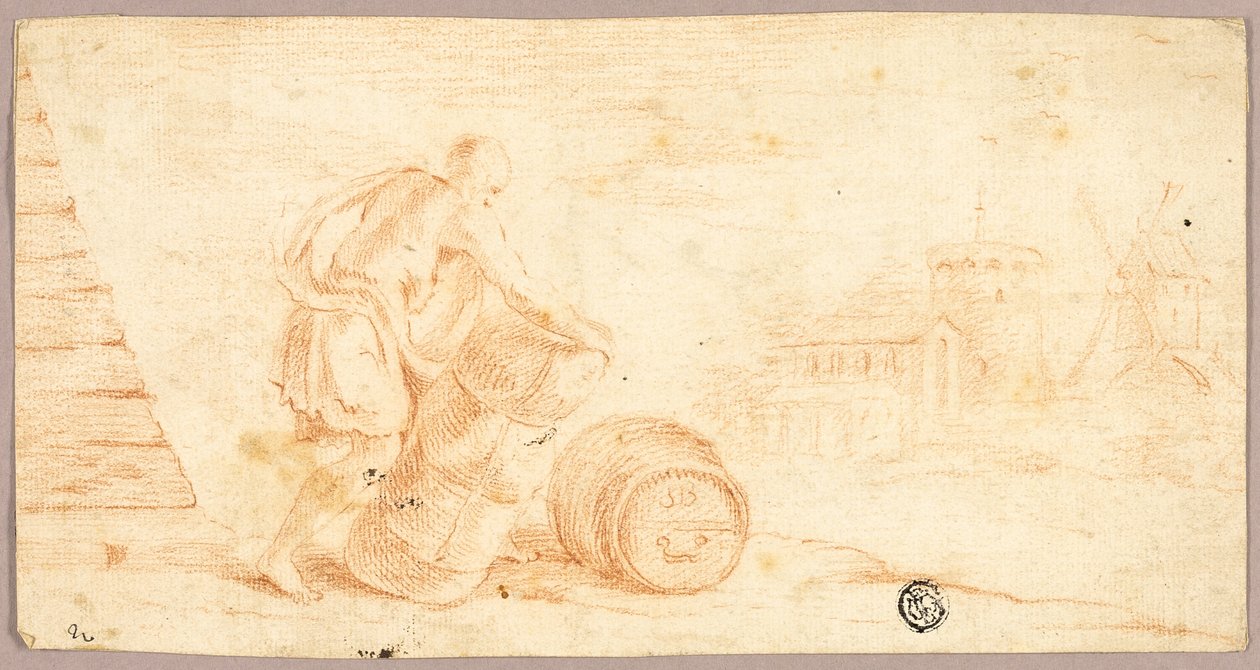 Mężczyzna przesuwający belę, beczkę, z wiatrakiem w oddali autorstwa Unknown artist