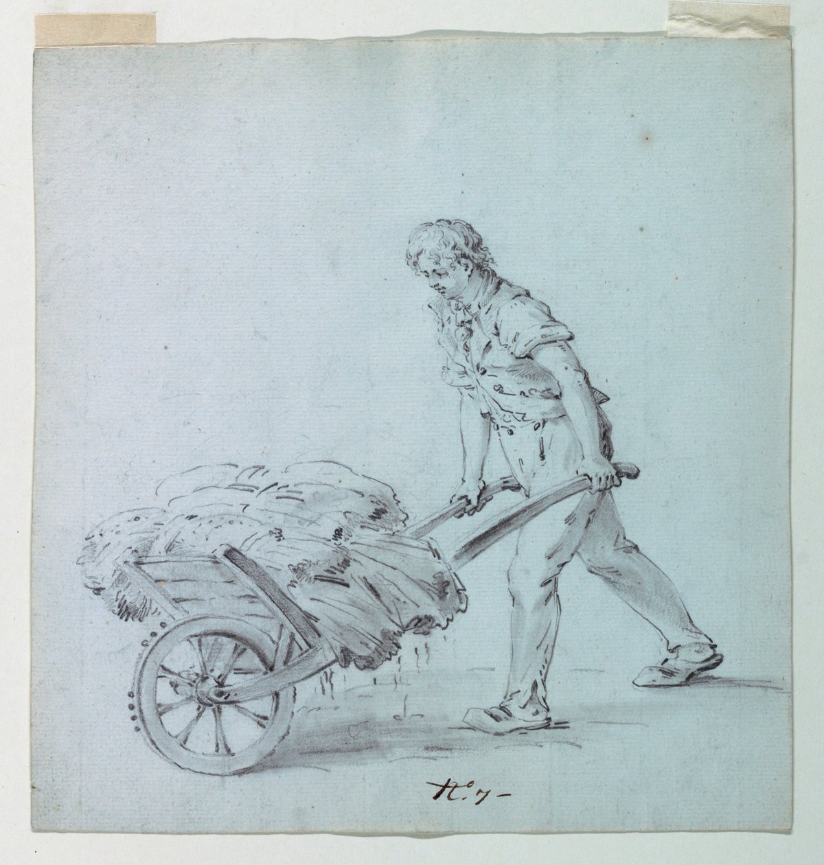 Mężczyzna pchający taczkę, możliwy szkic wyspy do nadruku na bawełnie autorstwa Unknown artist