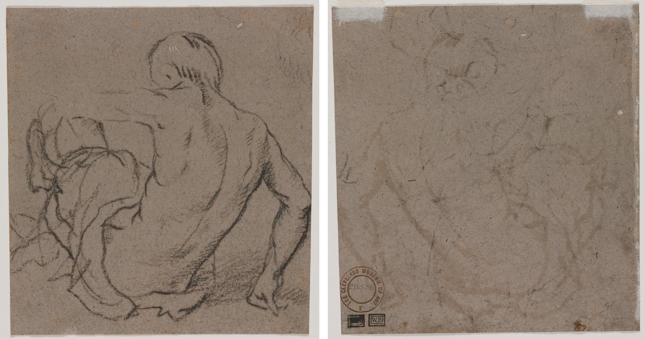 Mężczyzna siedzący na ziemi, widziany z tyłu (recto); Szkic (verso) autorstwa Unknown artist
