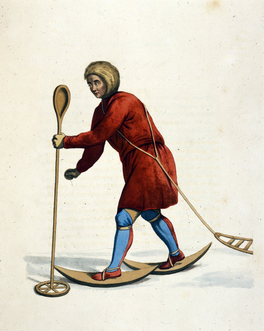 Człowiek z plemienia Ostiak (Chanty lub Khante) (Syberia) na nartach. Grawer „Strój imperium rosyjskiego” Londyn 1803. autorstwa Unknown artist