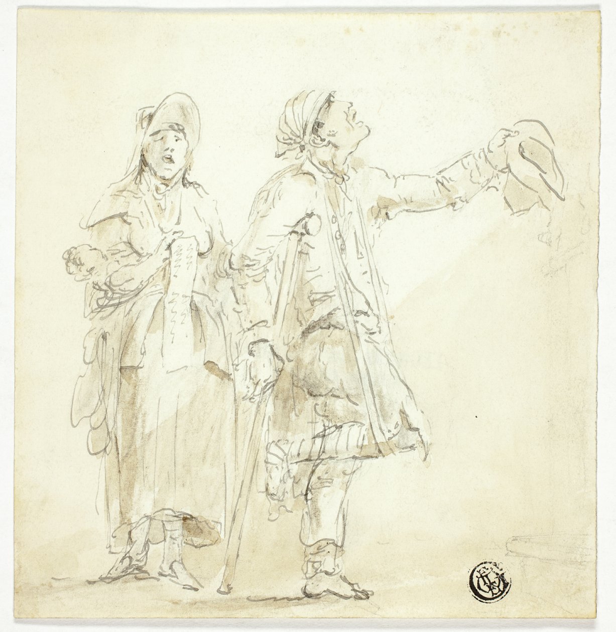 Mężczyzna o kulach błagający, z kobietą śpiewającą i trzymającą dziecko autorstwa Unknown artist