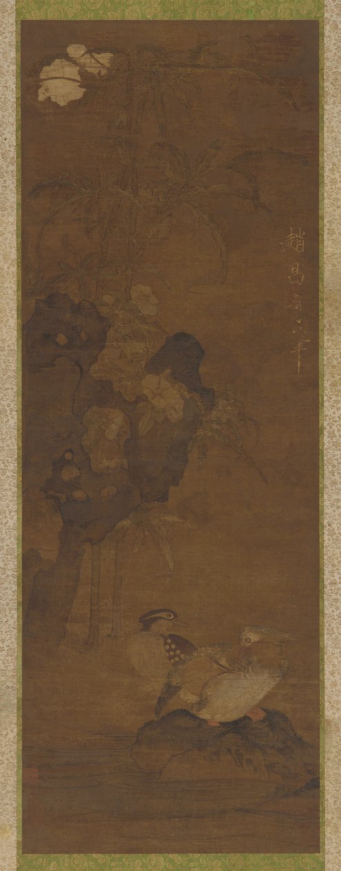 Kaczki mandarynki, skały i roślina kwitnąca autorstwa Unknown artist