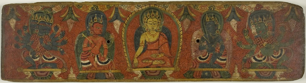 Okładka manuskryptu z Buddą, dwoma bodhisattwami i dwoma bóstwami opiekuńczymi (Lokapalami) autorstwa Unknown artist