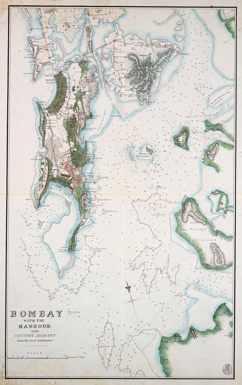 Mapa Bombaju z portem i przyległymi terenami, ukazująca również Morze Arabskie i Zatokę Perską, ok. 1855 r. (tusz, akwarela) autorstwa Unknown artist
