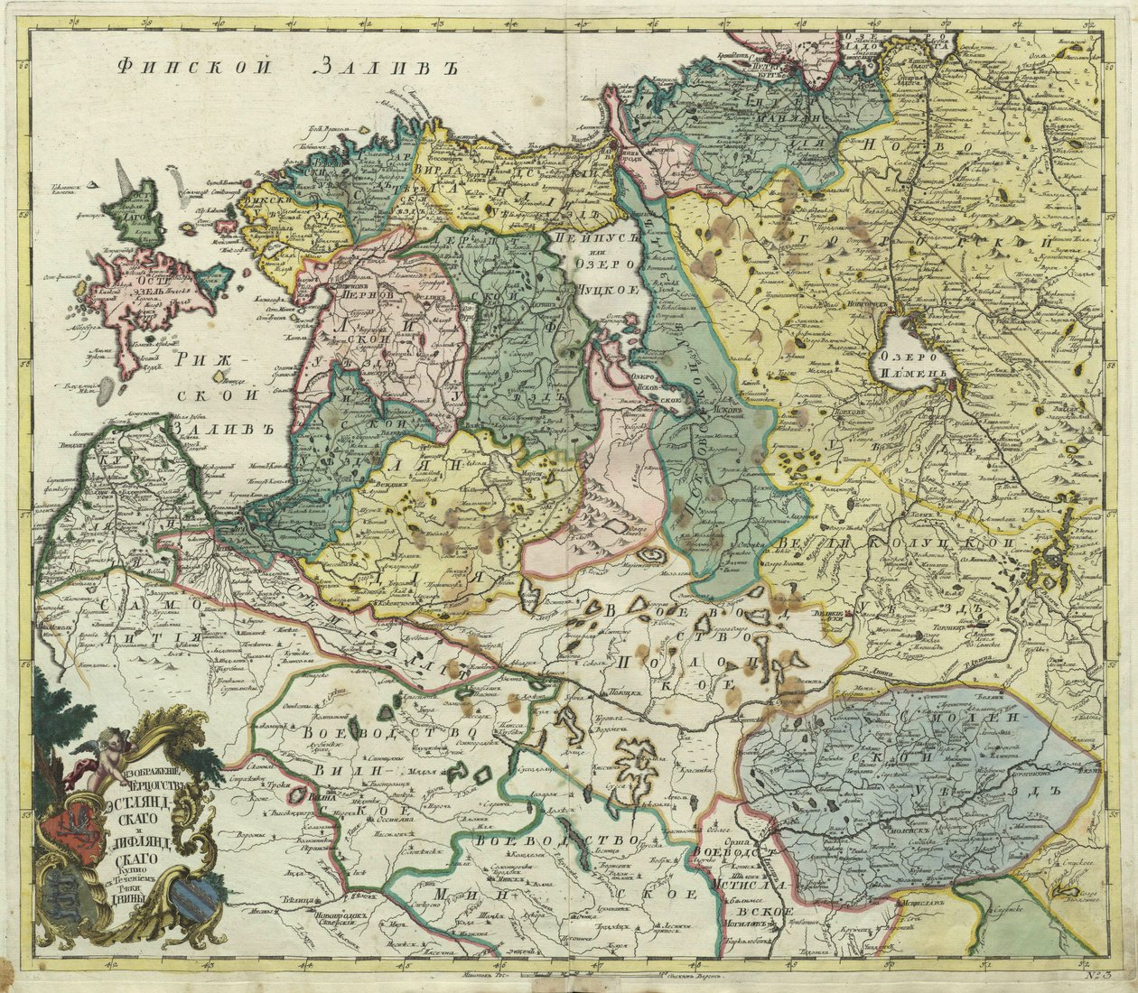 Mapa Estonii i Inflant - Anonimowy mistrz - 1745 - Miedzioryt, akwarela - Akademia Nauk, Sankt Petersburg autorstwa Unknown artist