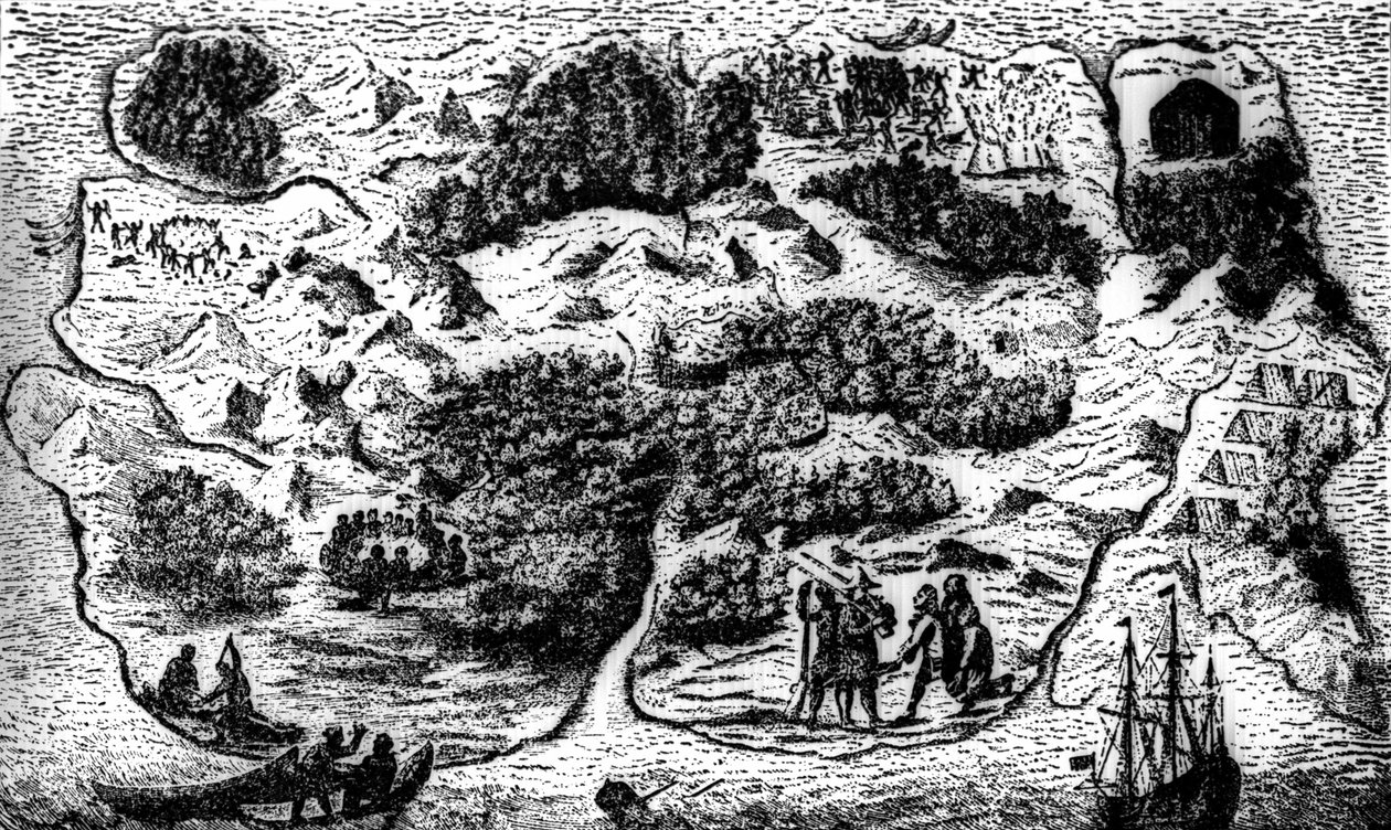 Mapa Robinson Crusoe Island, powieść Daniela Defoe: „Poważne refleksje”, Crusoe, III autorstwa Unknown artist