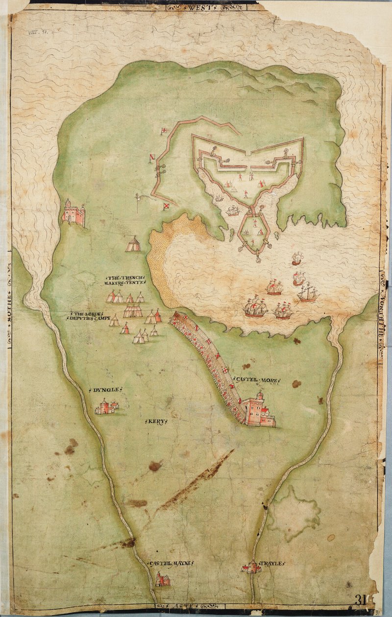 Mapa Smerwick w Irlandii przedstawiająca angielski wał ziemny z dwoma działami do ataku na hiszpański fort oraz angielskich żołnierzy wymaszerowujących z Castell More autorstwa Unknown artist