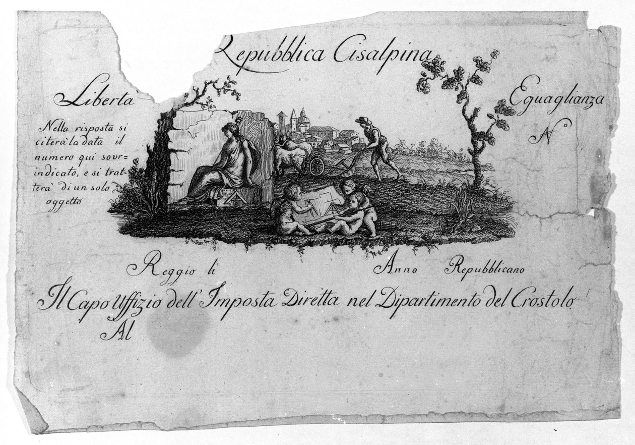 Mapa Republiki Cisalpińskiej (Cisalpina), stworzona przez Napoleona Bonaparte 27.06.1797 r. na wzór francuski we Włoszech, która w 1802 r. stała się Republiką Włoską. Zapisane są w niej wartości Republiki Francuskiej (Liberte, Egalite). Grawerowanie Museo  autorstwa Unknown artist