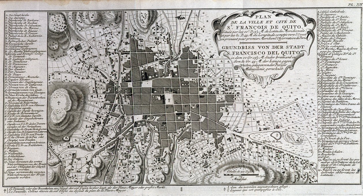 Mapa miasta i miasta św. Franciszka de Quito – w „”Podróży historycznej Ameryki Południowej dokonanej na rozkaz króla Hiszpanii przez Don George’a Juana i Don Antoine de Ulloa””, T.1, w C.A. Jombert, Librairie du Roi, Paryż autorstwa Unknown artist
