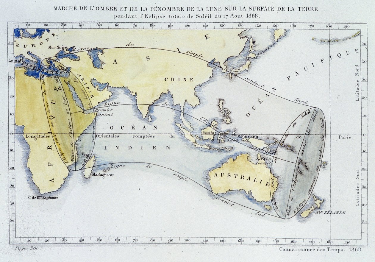 Mapa, opublikowana przez Bureau of Longitudes, przedstawiająca marsz cienia i ciemności Księżyca na powierzchni Ziemi podczas zaćmienia w 1868 roku autorstwa Unknown artist