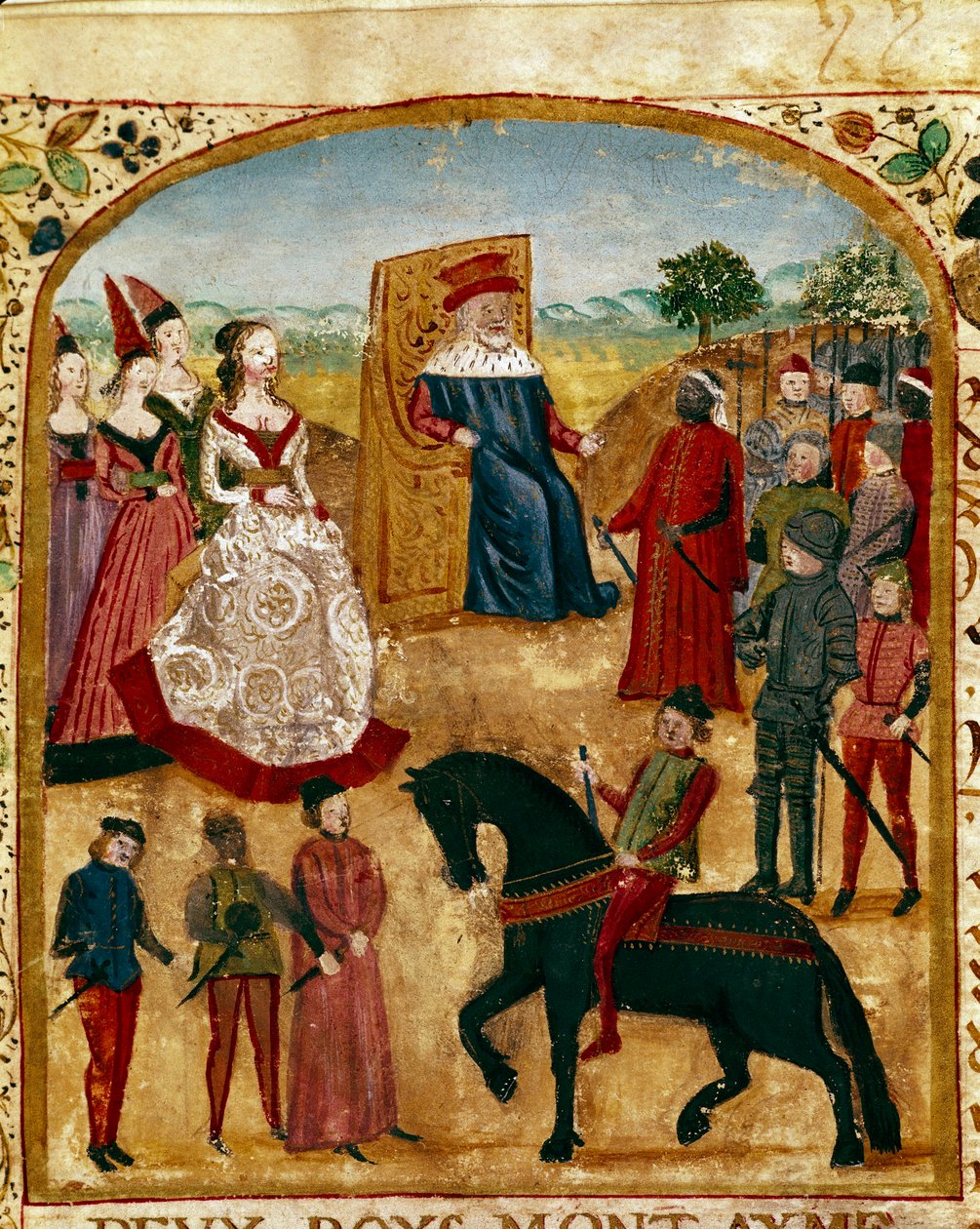 Margaret of York (lub Margaret Plantagenet lub Burgundii lub Anglii) (1446-1503) spotyka swojego męża Karola z Valois Burgundy znanego jako Karol Temerary, księcia Burgundii do Damme 03/07/1468 Miniatura zaczerpnięta z „Księgi faktów” Aleksandra Wielkiego autorstwa Unknown artist