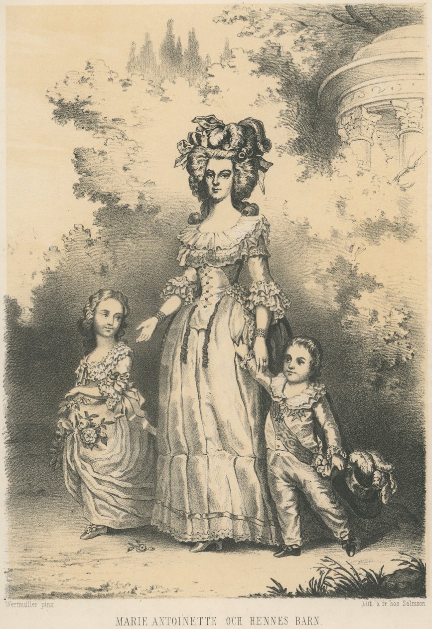 Marie-Antoinette spacerująca z dziećmi (litografia) autorstwa Unknown artist