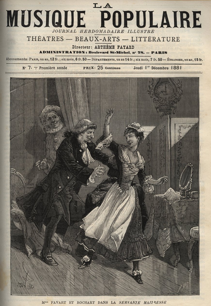 Marie Justine Benoite Duronceray, zwana Madame Favart i Rochart (Rochard) w „Servante Maitresse” (Serva padrona) Pergolese (Giovanni Battista Pergolesi) - grawerowanie w znanym tygodniku „Muzyka popularna”” - 1882 autorstwa Unknown artist