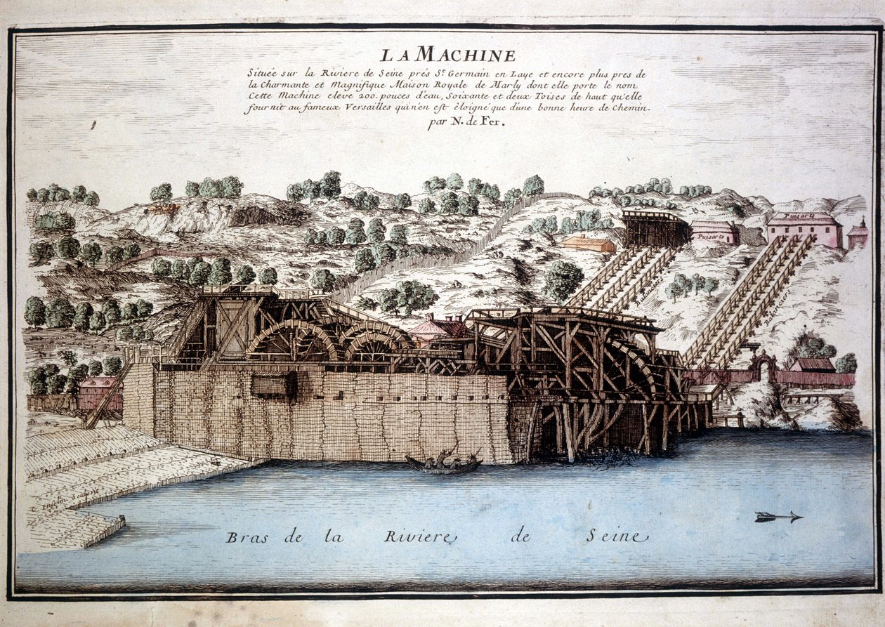 Maszyna Marly de Rennequin służyła do kierowania wodami Sekwany do Wersalu przez akwedukt Marly. Grawerowanie od 1700 roku. autorstwa Unknown artist