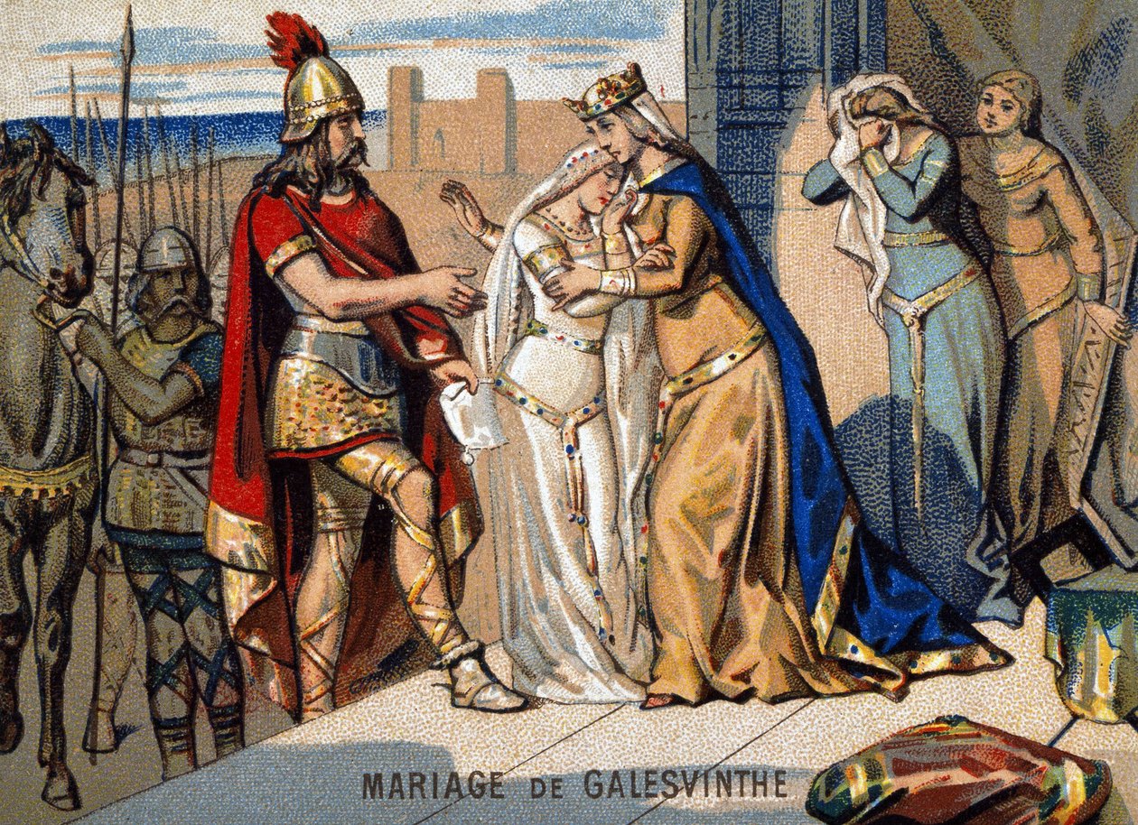 Małżeństwo Galeswinthe (567): pozostawiając Galeswinthe poślubić Chilperica, szefa franków Neustrian. Chromolitografia serii „Nauczanie patriotyczne obrazem”. autorstwa Unknown artist