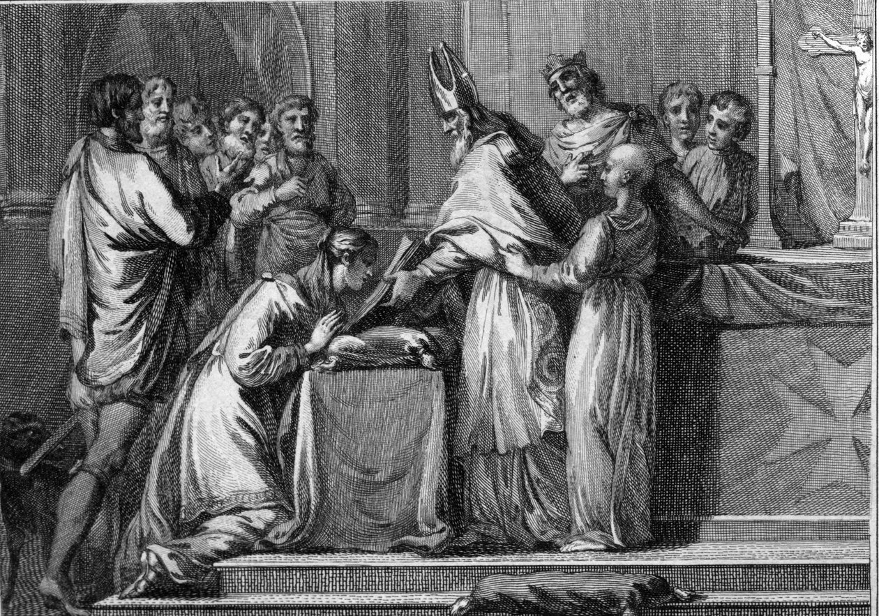 Ślub Sigeberta I (535-575), króla Austrazji i Brunehauta (lub Brunehildy, 543-613), 566. Rycina z XVIII wieku. autorstwa Unknown artist