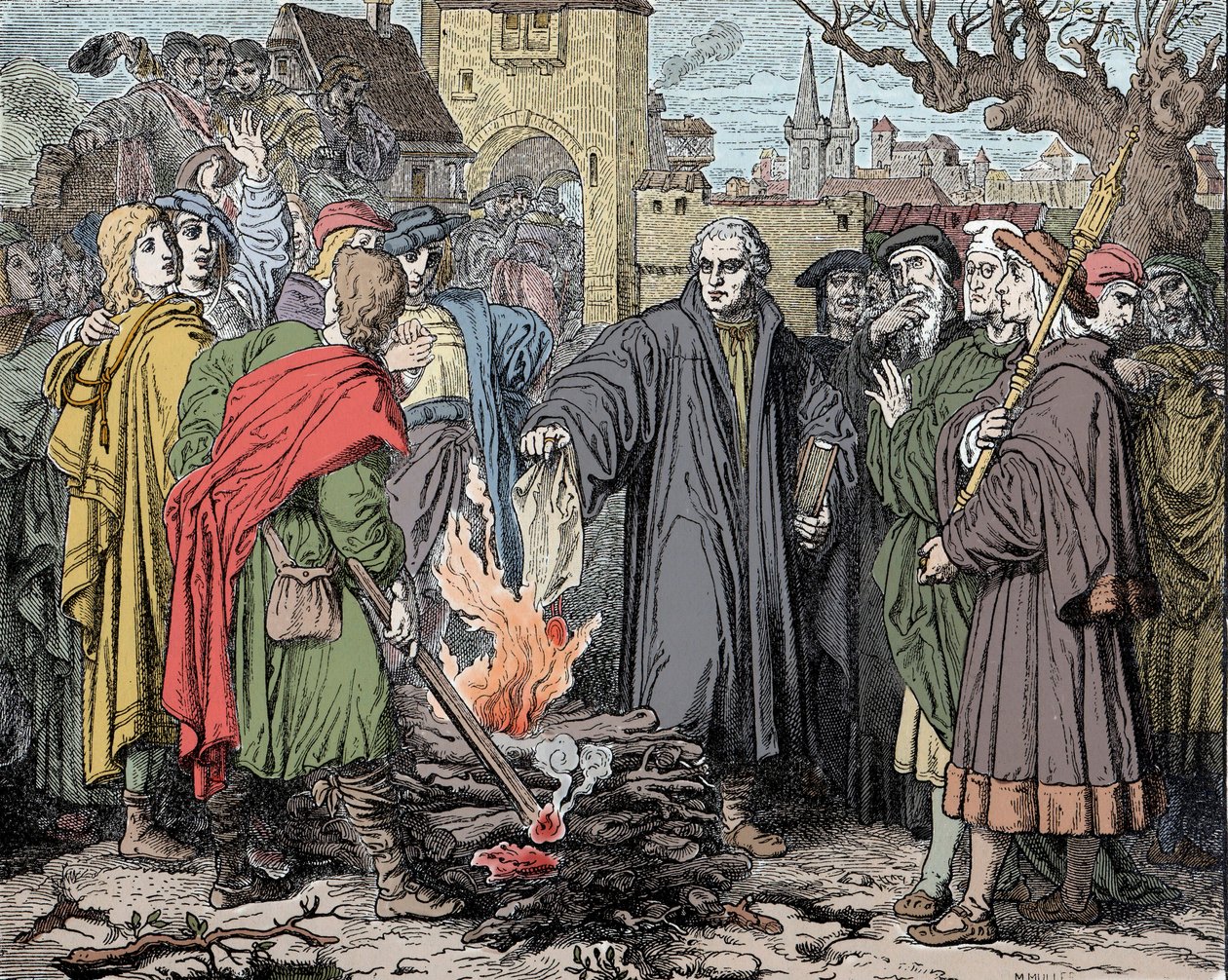 Marcin Luter (1483-1546) z Wittenbergi pali bańkę ekskomuniki dokonanej przez papieża Leona X autorstwa Unknown artist