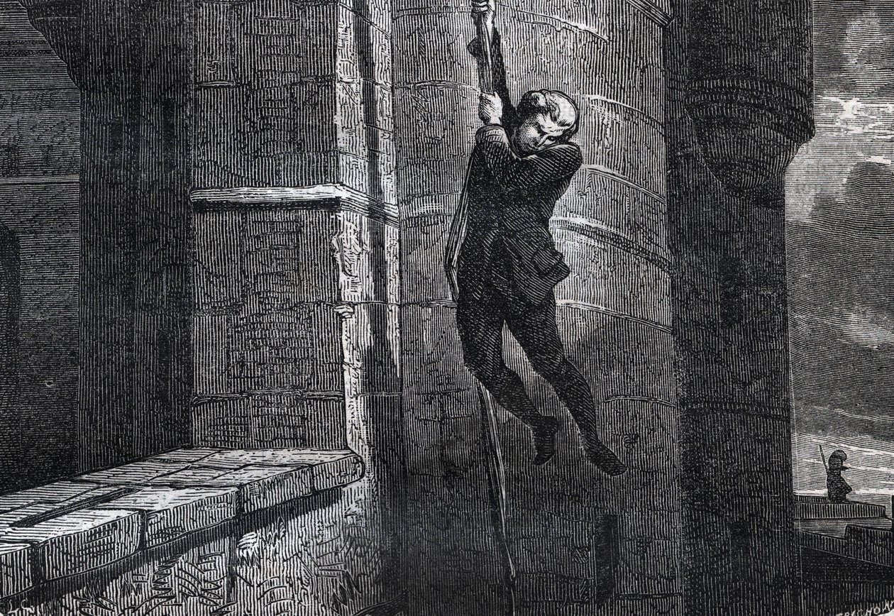 Masers De Latude uciekający z Bastylii - Escape de la Bastille Jean Henry, dit Danry, dit Masers de Latude (1725-1805) - grawer w „”Dictionnaire populaire illustrious” - 1864 - Joseph Decembre i Edmond Allonier - autorstwa Unknown artist