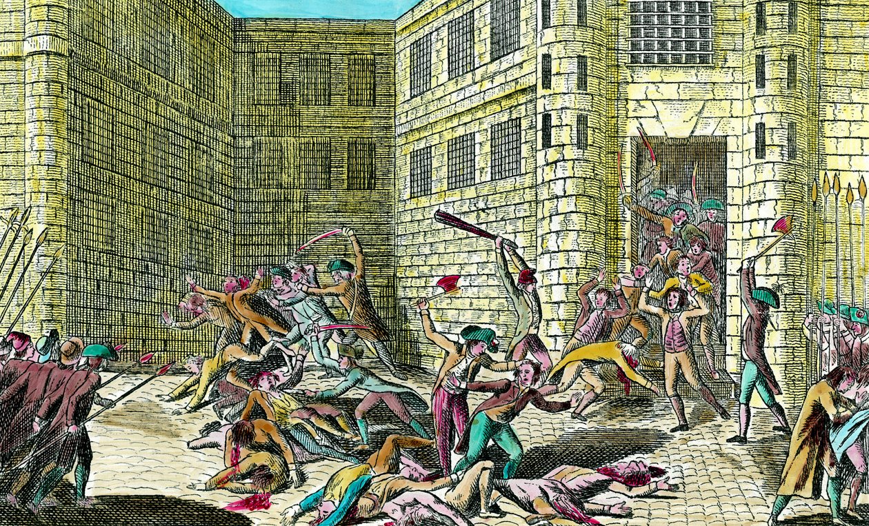 Masakra więźniów opactwa Saint Germain dokonana przez lud we wrześniu 1792 r. Scena rewolucji francuskiej. Rycina z XVIII wieku. Prywatna kolekcja. autorstwa Unknown artist