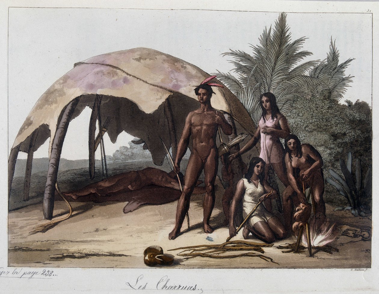 Posiłki u charruas, Indian Paragwaju. W „”Stary i współczesny kostium”” 1818-1820, autorstwa Ferrario. autorstwa Unknown artist