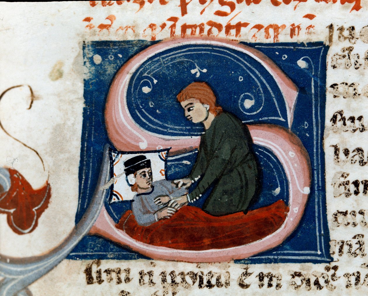 Medycyna: chory leczy się w domu. Szczegół. Strona rękopisu (ms.d.xxv) „”Traktat z Galien”” (Trattato di Galeno) w tłumaczeniu Nicola da Reggio, doktor filolog. Cesena z XIV wieku, Biblioteca Malatestiana autorstwa Unknown artist
