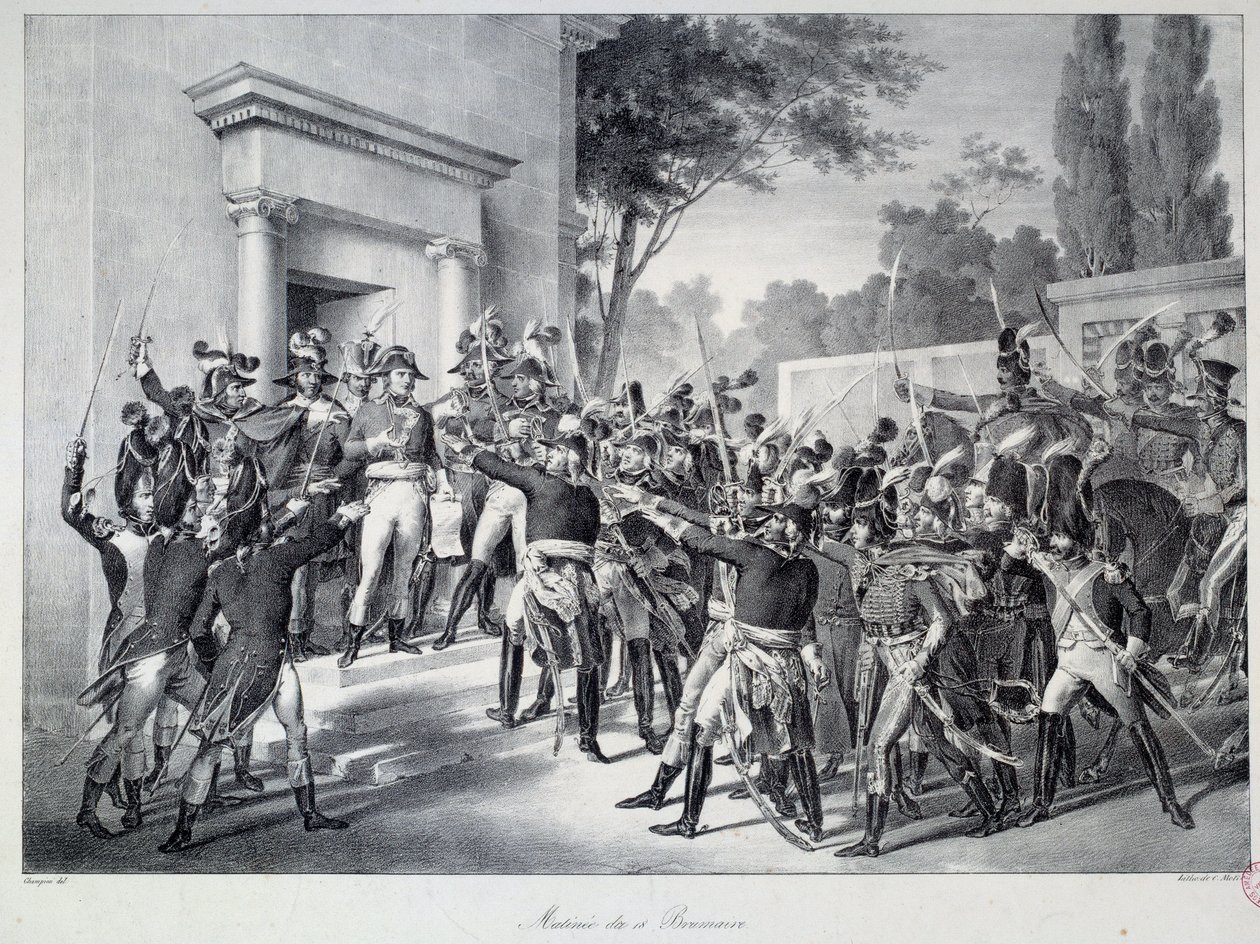 Spotkanie generałów i oficerów w Napoleonie Bonaparte (1769-1821) około godziny 7 rano 18 brumaire Coup d