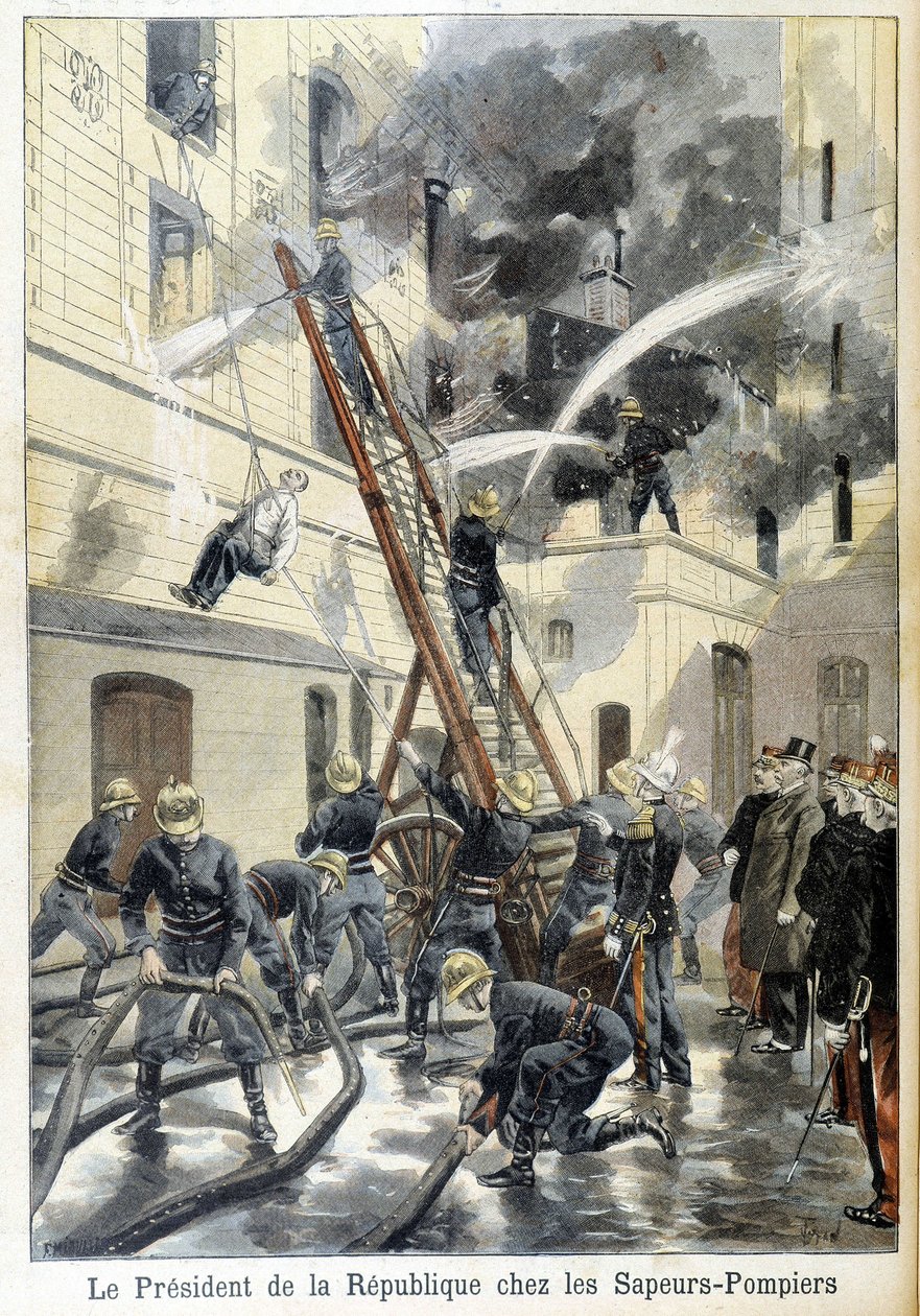 Spotkanie Prezydenta Republiki Felixa Faure ze strażakami podczas interwencji przeciw pożarowi. Ilustracja „małej gazety” z 1898 roku. autorstwa Unknown artist