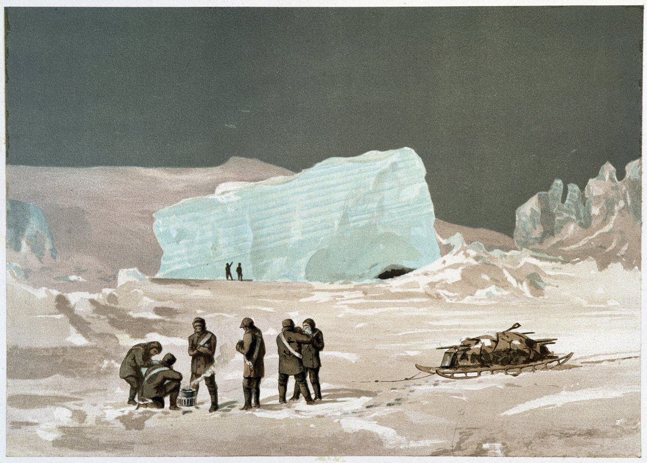 Mężczyźni i sanie na lodzie - w „Wybrzeżu polarnego morza, narracja ekspedycji arktycznej” dr Edward Moos, Marcus Nard & Co, Londyn autorstwa Unknown artist