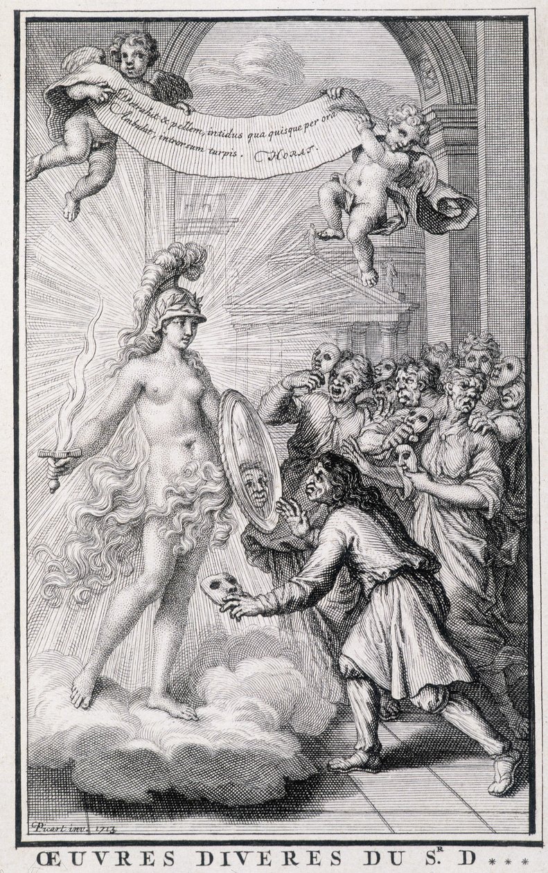 Mężczyźni patrzący na siebie bez masek przed lustrem alegorii prawdy. Rycina z XVIII wieku. autorstwa Unknown artist