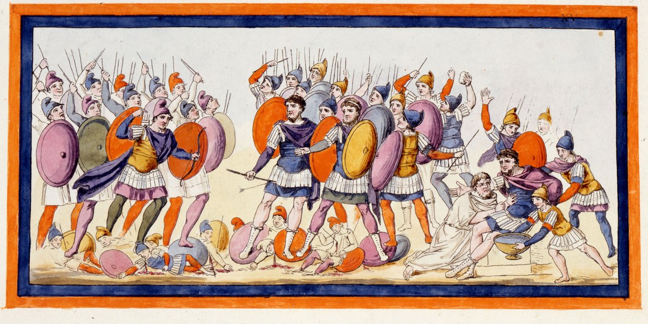 Menelas (po prawej), grecki wojownik, został właśnie zraniony strzałą sojusznika trojanów. Iliada, pieśń IV. Rycina z końca XVIII wieku. autorstwa Unknown artist
