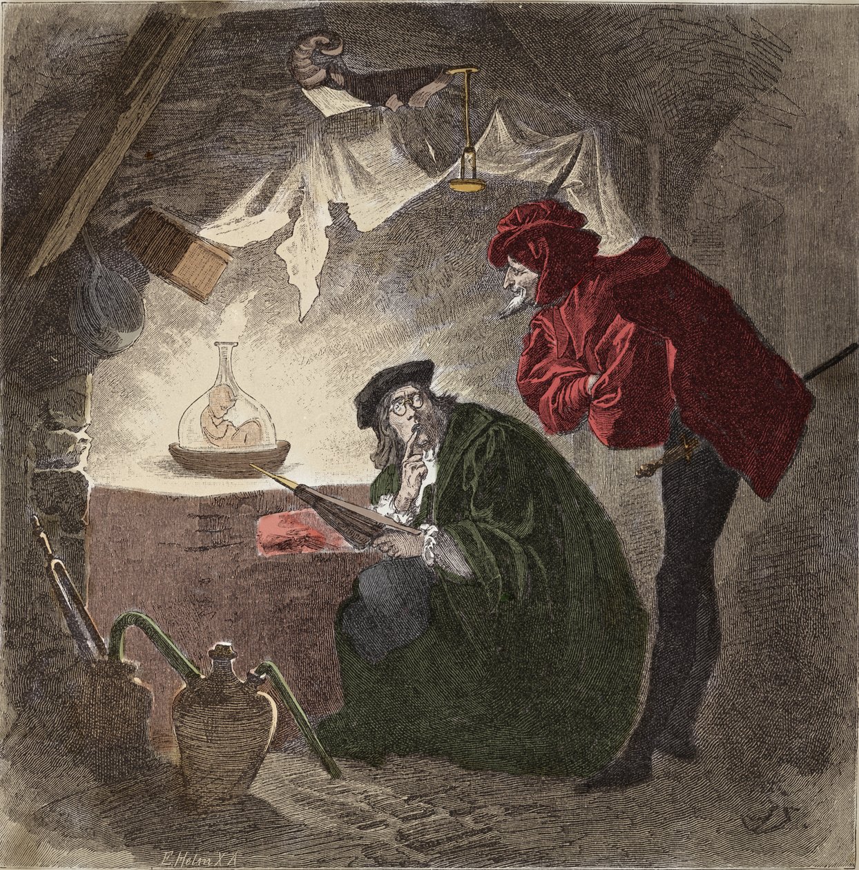 Mefistofeles (Mefisto) a Faust Illustration de „”Faust”” Johanna Wolfganga von Goethego (1749-1832) (Ilustracja do „”fausta””” Goethego) Grawerowanie autorstwa Unknown artist