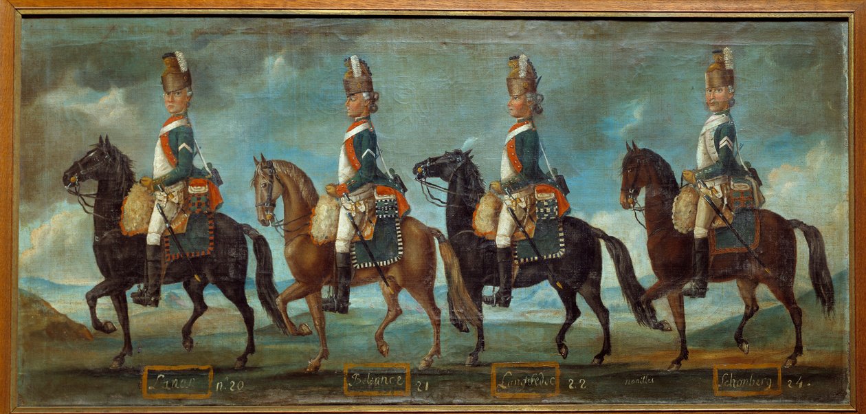 Mundur wojskowy smoków według rozkazu z 1779 r.: pułki Lanana (nr 20), Belsunce (nr 21), Langwedocja (nr 22), Schomberg (nr 24) Anonimowy obraz z 1779 r. Paryż, Musee de l