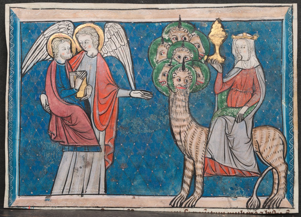 Miniatura z rękopisu Apokalipsy: Kobieta nad Szkarłatną Bestią i Upadek Babilonu autorstwa Unknown artist