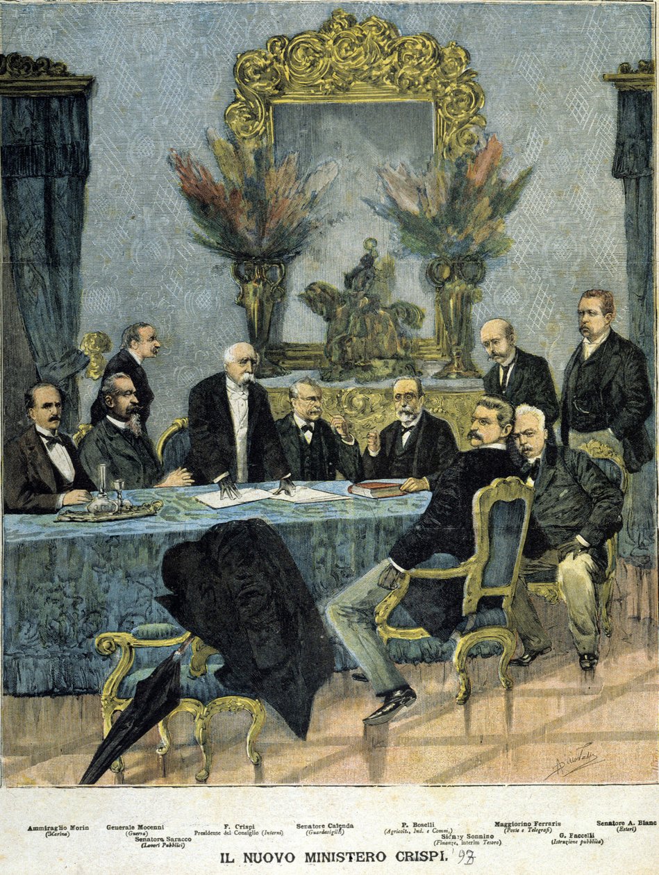 Ministrowie nowego rządu „Crispi”: od lewej do prawej admirał Morin, generał Mocenni, Francesco Crispi, senator Calenda, P. Boselli, Sidney Sonnino, Maggiorino Ferraris, G. Faccelli i senator A. Blanc autorstwa Unknown artist