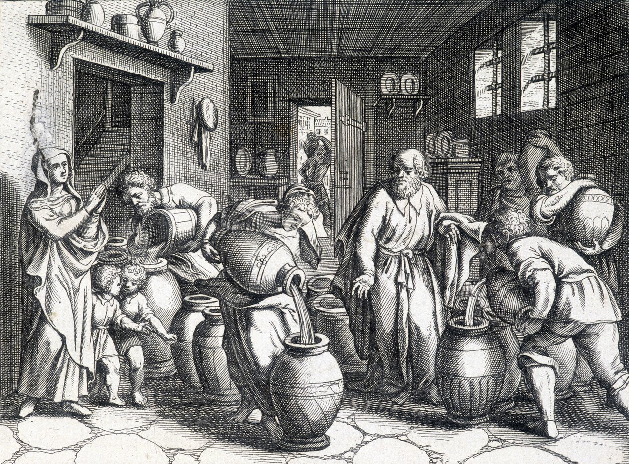 Cud Elizeusza, biblijnego proroka i ucznia Eliasza, który swoim płaszczem przekazuje mu swojego ducha i moc. Grawerowanie z 1724 roku. autorstwa Unknown artist