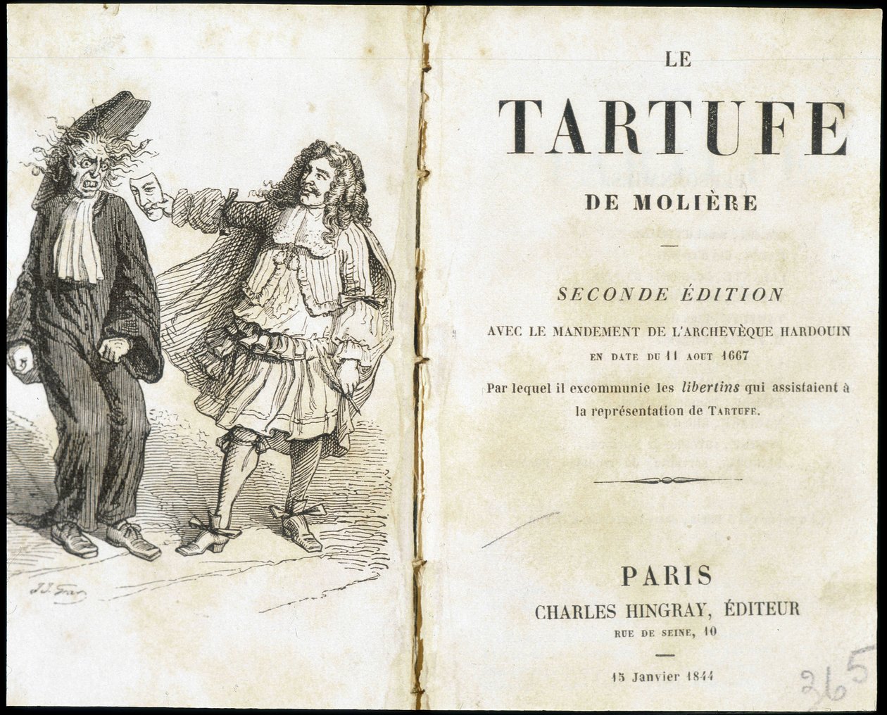 Moliere straszący eklezjastę maską teatralną - Frontispiece du „Tartuffe” (Tartufe) de Molière, wyd. Hingray, Paryż autorstwa Unknown artist